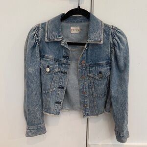 Alice + Olivia Washed Blue Denim Jacket with Puff Shoulders
